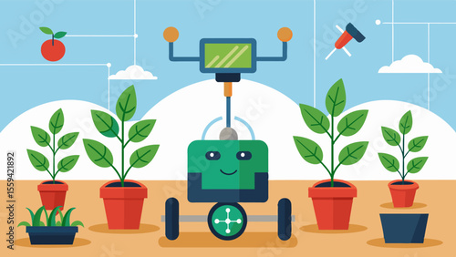 A remotecontrolled greenhouse robot equipped with various sensors continuously monitoring soil moisture levels and adjusting irrigation accordingly.. Vector illustration