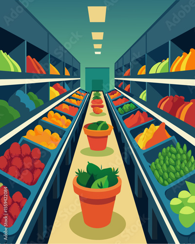 A grocery store aisle filled with singleuse containers of pre fruits and vegetables.. Vector illustration