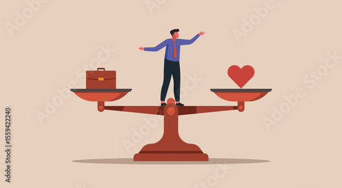 Businessman standing on a balanced scale between briefcase and heart symbol, concept of importance of balancing logic and emotion in professional decision making, leadership, flat vector illustration