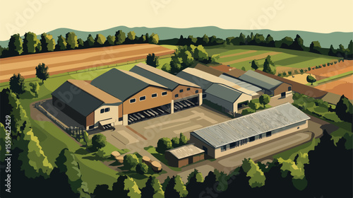 Rustic Barn and Agricultural Field Vector Illustration