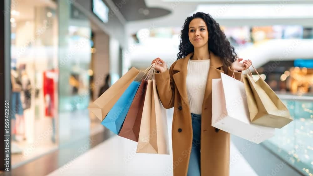 Delighted Shopper Carrying Shopping Bags in Modern Retail Environment Delighted Shopper Carrying Shopping Bags in Modern Retail Environment