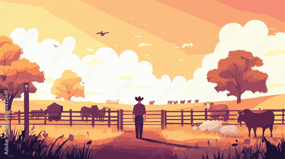 Fototapeta premium Farmer and Many Animals by the Fence Vector Illustration