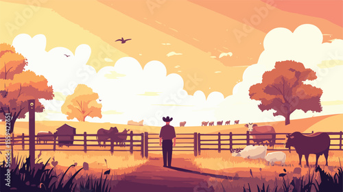 Farmer and Many Animals by the Fence Vector Illustration