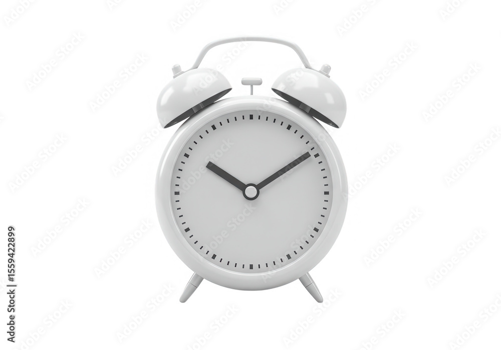 A classic white twin bell alarm clock showing the time, isolated on transparent background A classic white twin bell alarm clock showing the time, isolated on transparent background