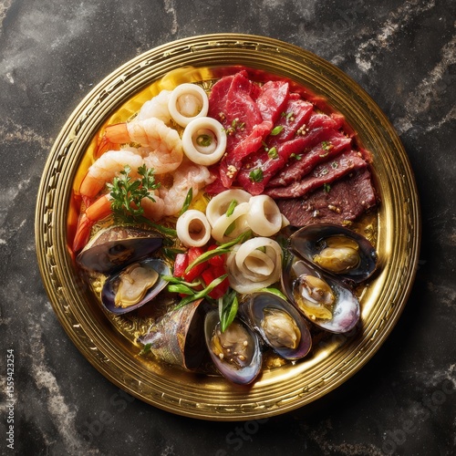 Glistening Golden Plate of Raw Beef Mussels Shrimps and Squids on Dark Marble Background in Studio