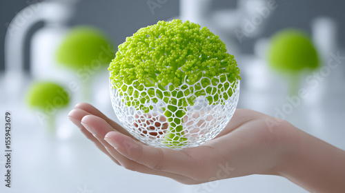 Green algae bioplastic packaging, eco friendly material, sustainable design, innovative texture, modern biodegradable product, held in hand, environmental focus