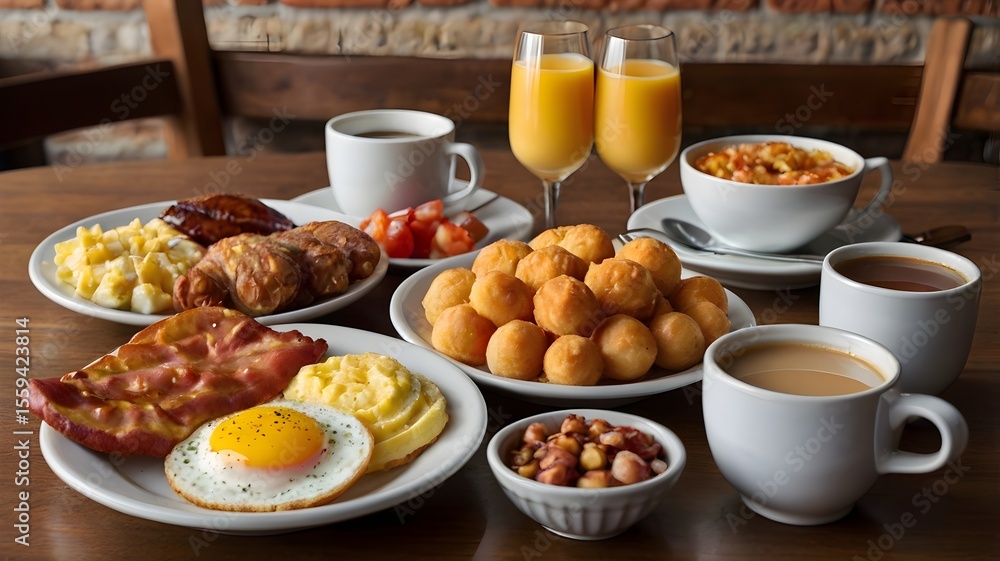 Assorted Western Breakfast Foods on Café Table – Classic Morning Spread with Eggs, Toast, Sausages, Pancakes, Coffee & More for Menu Features, Food Blogs, or Styling
Assorted Western Breakfast Foods on Café Table – Classic Morning Spread with Eggs, Toast, Sausages, Pancakes, Coffee & More for Menu Features, Food Blogs, or Styling
