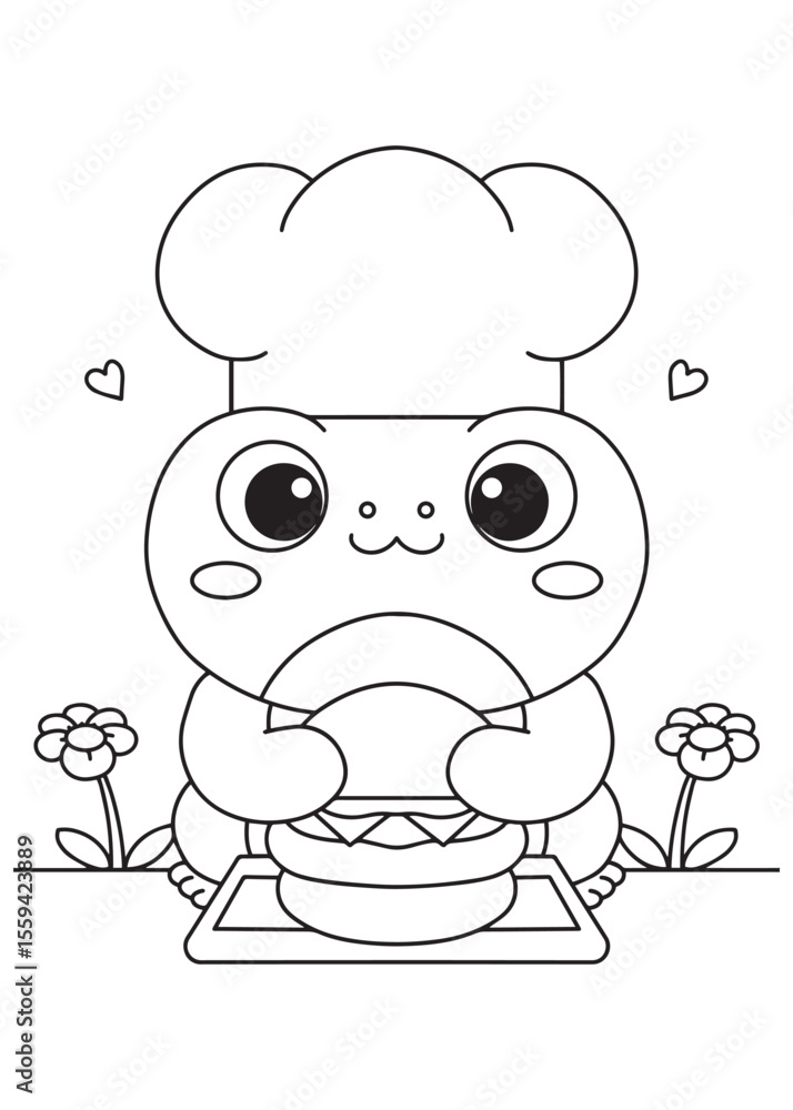 Coloring book frog chef cooking with big pot. Coloring book frog chef cooking with big pot.