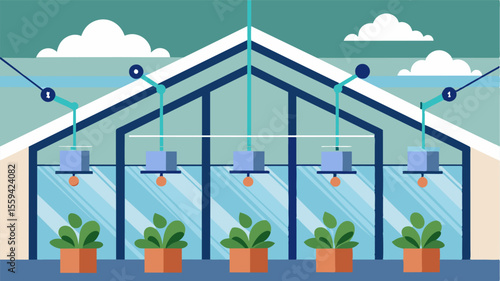 A system of automated vents lining the ceiling of the greenhouse opening and closing in response to external temperature changes.. Vector illustration