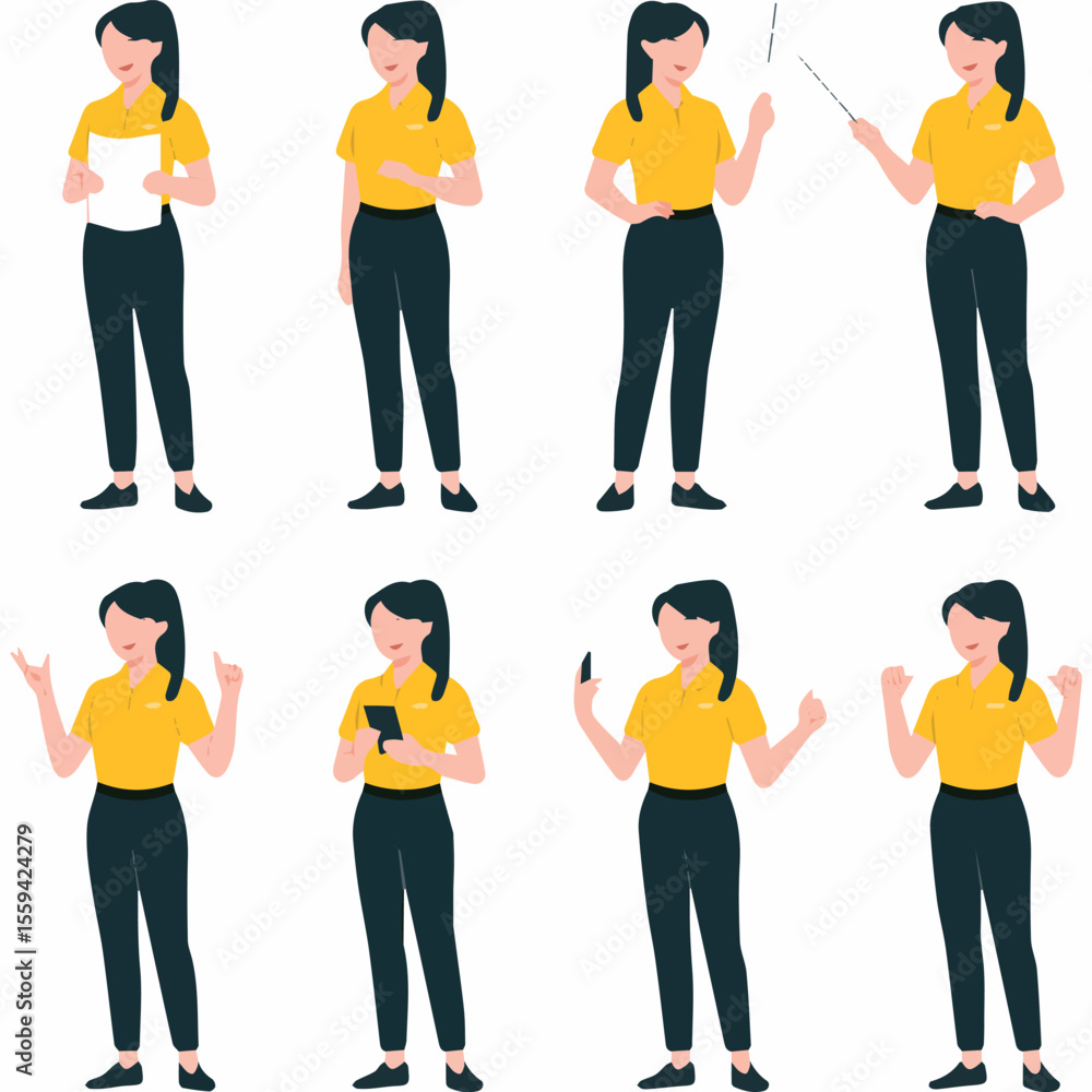 Obraz premium Illustrations of a woman in various poses for presentations and communication tasks