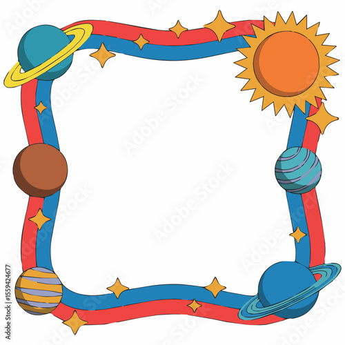 Explore space themed frame with planets sun and stars for kids and education use