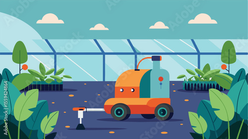 A selfdriving robot that navigates through the greenhouse using AI technology to detect and remove weeds without the surrounding plants.. Vector illustration