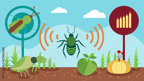 A sound wave deterrent system interrupts the cycle of pests preventing their proliferation while mitigating soil water and air contamination caused by widespread pesticide use.. Vector illustration