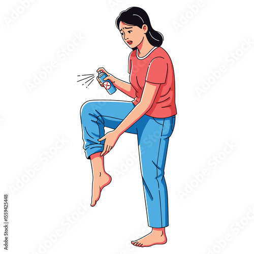 Woman applying insect repellent spray on leg to prevent mosquito bites illustration vector