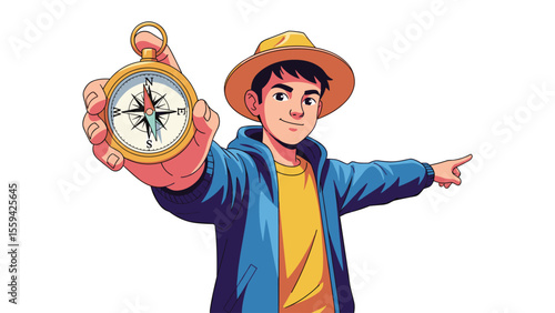 Cartoon Traveler Holding a Compass and Pointing the Way Forward Illustration  Guide  Direction