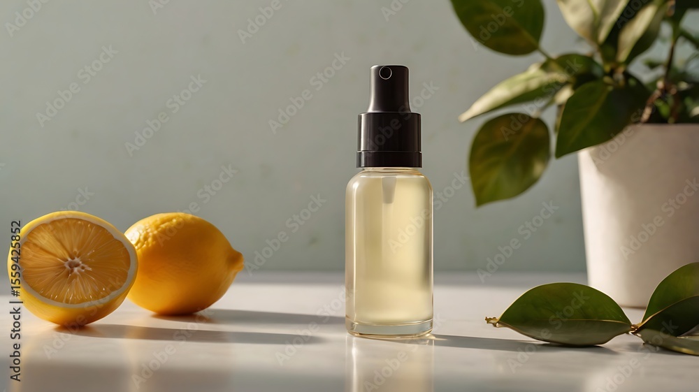 Vitamin C Spray Bottle with Fresh Lemon and Green Plant Vitamin C Spray Bottle with Fresh Lemon and Green Plant