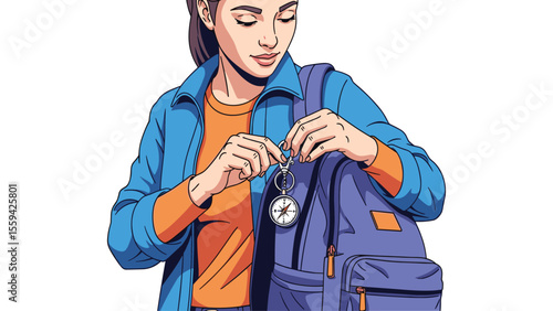 Illustration of a young woman attaching a compass to a backpack for travel preparation
