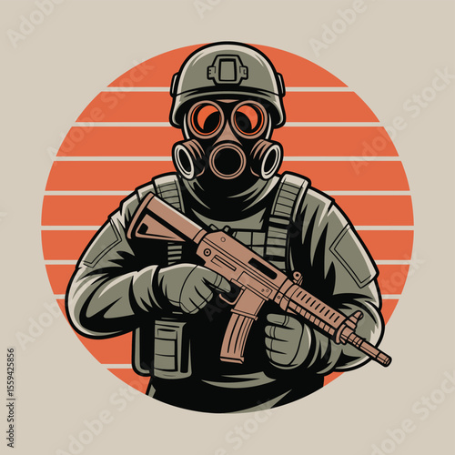 Soldier in gas mask and helmet holding assault rifle ready for combat