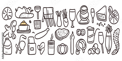 Assorted black and white doodle illustrations of food, drinks, and utensils