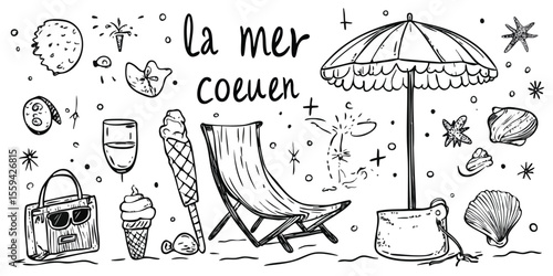 Summer beach scene with beach items