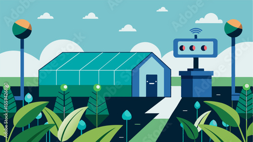 An automated soil health sensor being utilized in greenhouses to maintain optimal growing conditions for crops.. Vector illustration