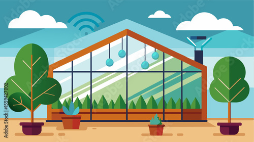 An illustration of a greenhouse equipped with smart irrigation technology constantly monitoring temperature and humidity levels to provide optimal growing conditions.. Vector illustration