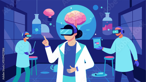 In a brightly lit laboratory scientists use virtual reality technology to simulate brain functions and observe how they can be impacted by diseases bringing new perspectives to. Vector illustration