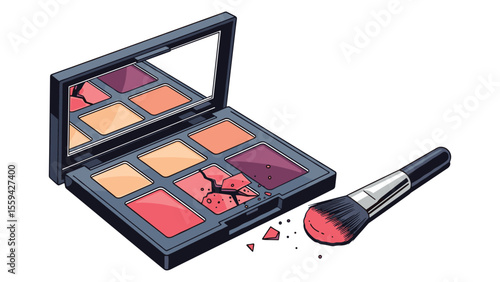 Broken eyeshadow palette with brush and mirror, cosmetic damage and fragility concept illustration