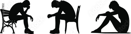 Depressed Men Silhouettes: Sadness, Stress, and Loneliness Illustration Set