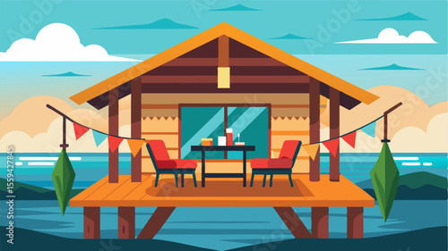 Rustic wooden beams and vibrant textiles add warmth to an elegant overwater bungalow ideal for a remote worker.. Vector illustration
