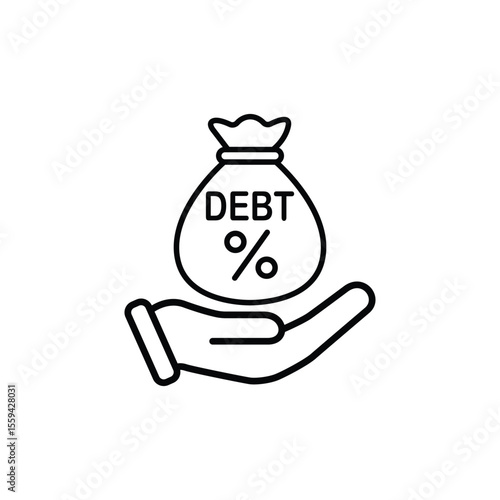 A line art icon depicting a hand holding a bag labeled 'DEBT' with a percentage symbol, symbolizing financial debt.