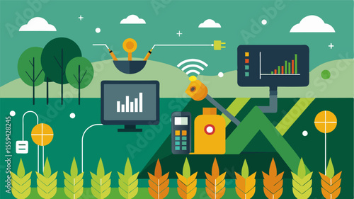 An AIpowered system analyzing data from crop sensors predicting when its time to harvest and optimizing yield.. Vector illustration