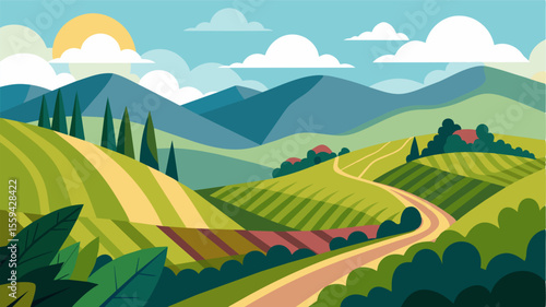 The rolling hills of the vineyard serve as a source of inspiration and relaxation for a remote worker with the option to take a calming stroll during breaks.. Vector illustration