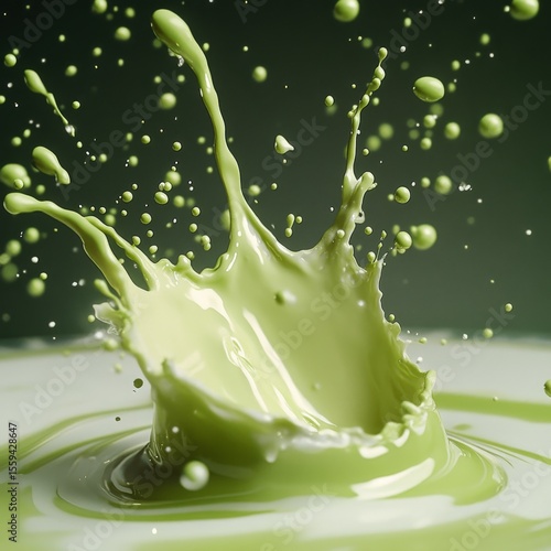 high-speed macro shot of vibrant green matcha tea and creamy white milk splashing directly onto the camera lens, fluid bursting outward with intense impact, droplets exploding across the frame