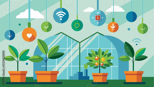 A series of smart sensors p throughout a greenhouse monitoring temperature humidity and soil moisture levels for optimal growth.. Vector illustration