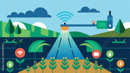A smart irrigation system is synced with the AIpowered harvest prediction model only watering specific areas of the field that need it based on predicted crop yield.. Vector illustration