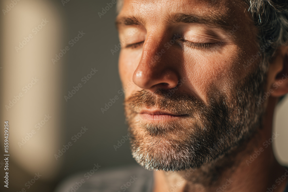 Obraz premium Close-up of a man meditating in lotus pose, eyes closed, focused expression