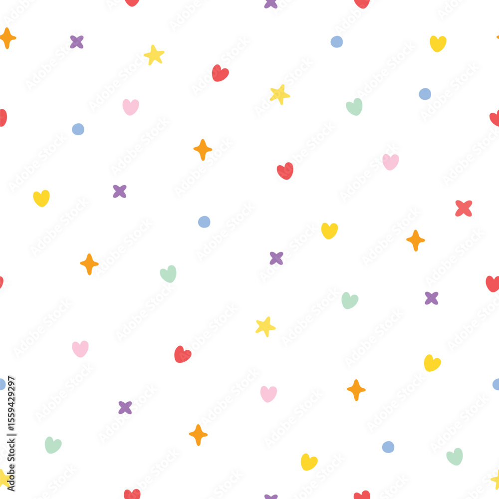 Cute Seamless Pattern with Colorful Hearts Stars and Doodles on White Background. Illustration vector 10 eps. Cute Seamless Pattern with Colorful Hearts Stars and Doodles on White Background. Illustration vector 10 eps.