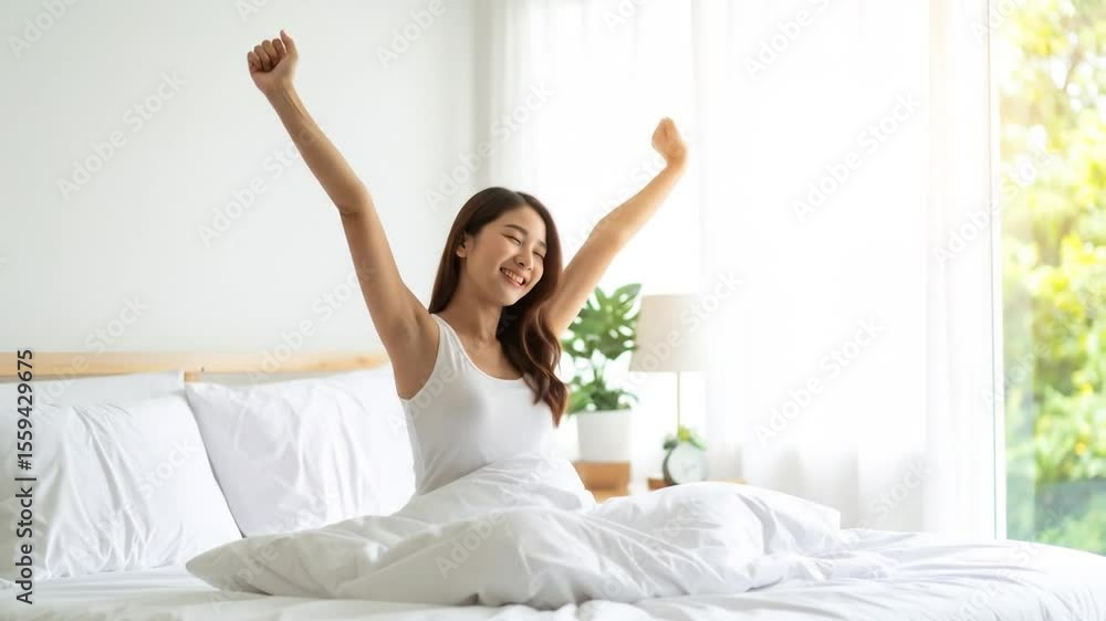 Energetic woman stretching in morning sunlight enjoying peaceful start of day Energetic woman stretching in morning sunlight enjoying peaceful start of day