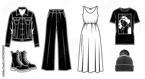 Arrangement of various clothing items including a jacket pants dress boots tee and beanie apparel displayed