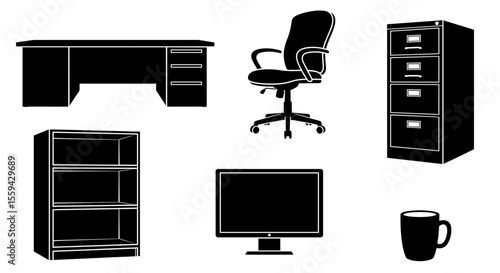 Office furniture arrangement featuring a desk, chair, filing cabinet, and monitor in a workspace view