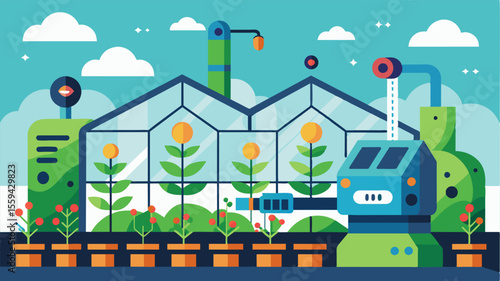 An illustration of a greenhouse filled with plants and machines that utilize AI algorithms to regulate temperature humidity and CO2 levels ensuring optimal growing conditions for a. Vector