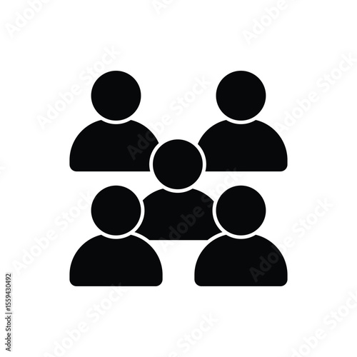 Simple black icon depicting a group of five people, symbolizing teamwork and community.