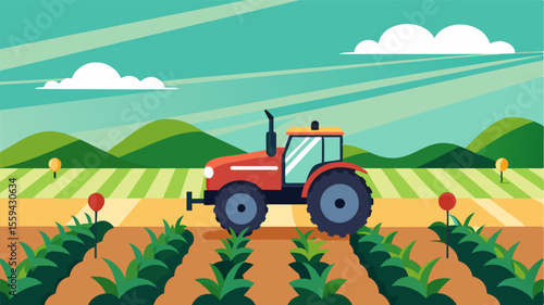 A selfdriving tractor equipped with GPS mapping technology navigates the rows of vines performing tasks such as fertilizing plowing and spraying with precision.. Vector illustration