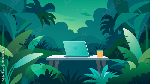 Surrounded by thick emerald foliage a laptop on a veranda provides a serene spot for work with a breathtaking jungle view.. Vector illustration