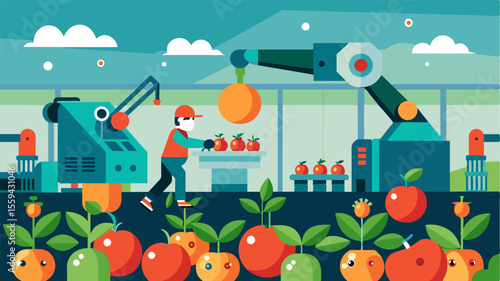 An illustration of a smart greenhouse with automated harvesting technology where robots equipped with IoT sensors pick ripe produce and sort them for packaging.. Vector illustration