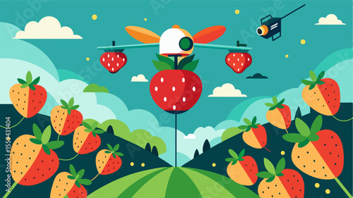As a drone flies over a field of strawberries it uses AI to identify and map out the best spots for pollination minimizing wasted pollen and increasing yield.. Vector illustration