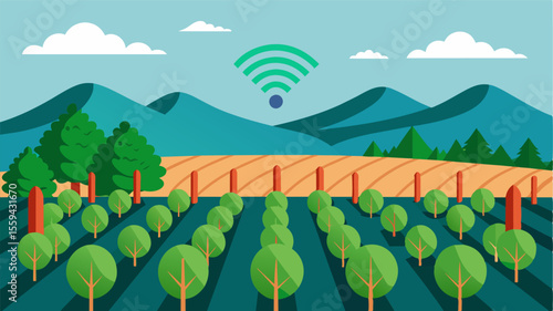 A vegetable field is protected by a series of smart fences emitting electromagnetic waves to create a barrier against pests.. Vector illustration