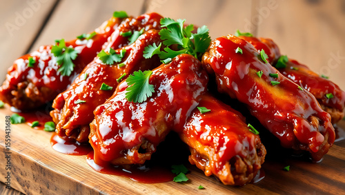 A wooden board holds a platter of barbecue chicken wings covered in a spicy red sauce