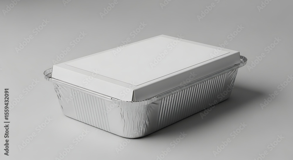 Aluminum Foil Food Container with White Lid Isolated on Neutral Background Aluminum Foil Food Container with White Lid Isolated on Neutral Background